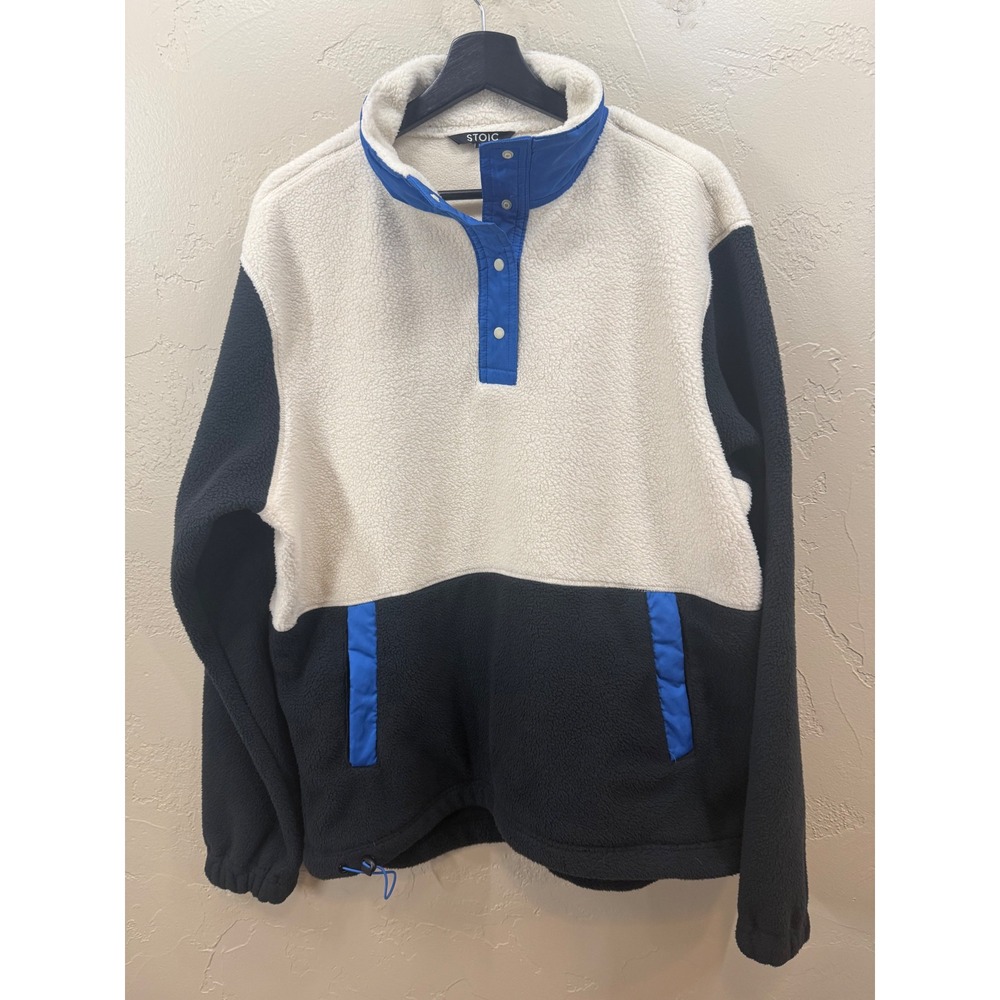 Stoic Mens Sherpa Fleece Pullover Snap Mock Neck Colorblock Cream Navy Large